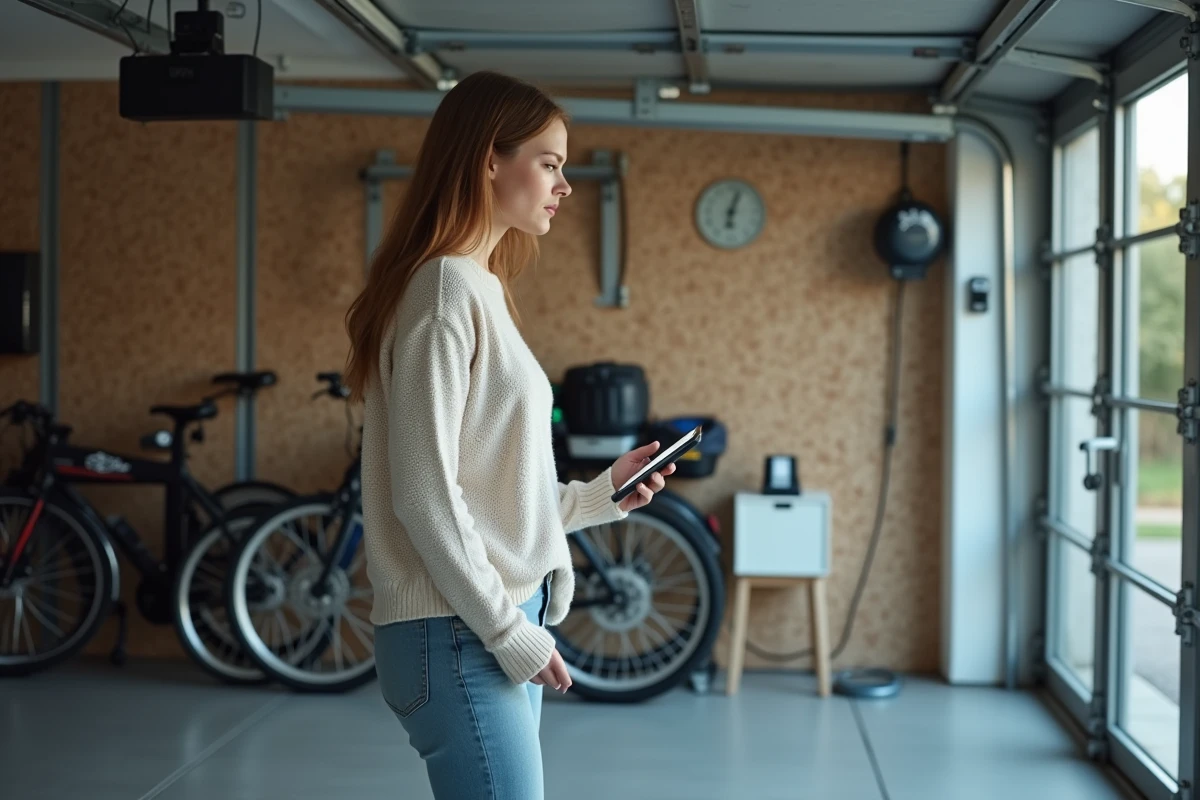 Jeune femme utilisant un panneau de contrôle intérieur de garage