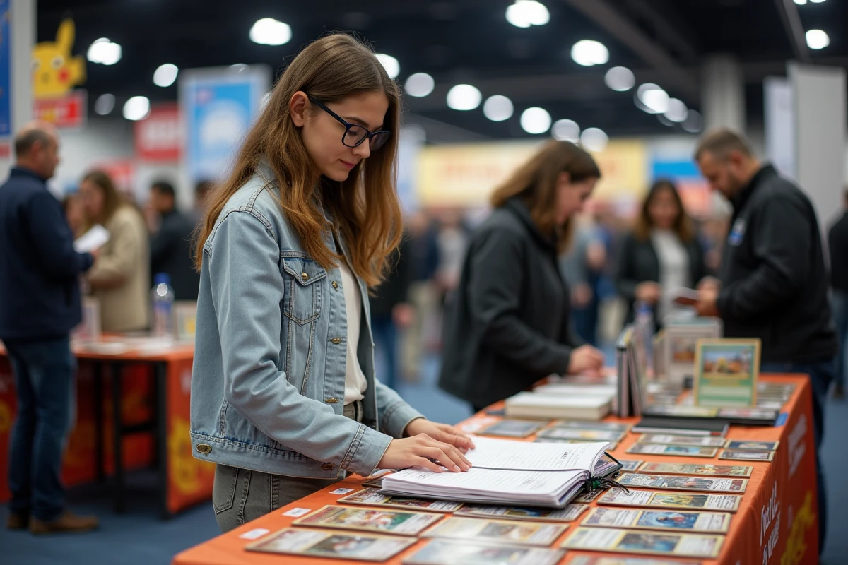 Jeune femme adulte feuilletant un classeur de cartes Pokémon rares sur un stand de convention de collection