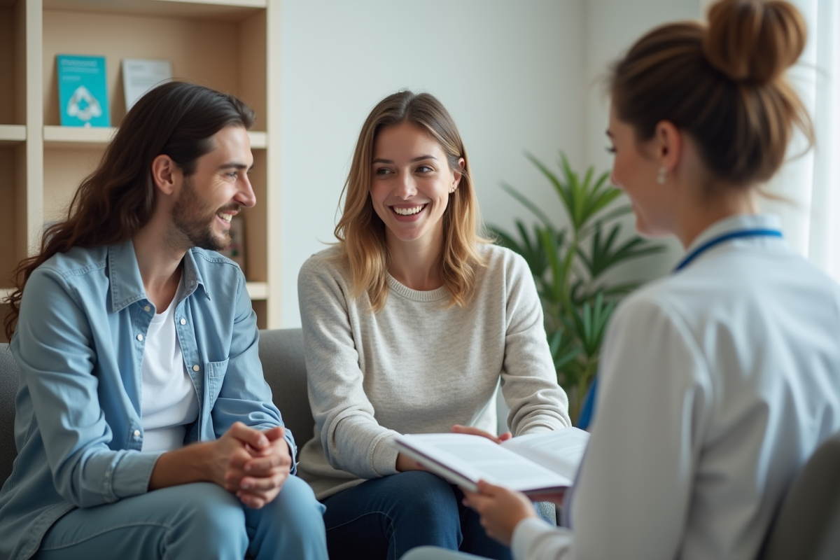 Jeune couple en consultation médicale avec une professionnelle de santé