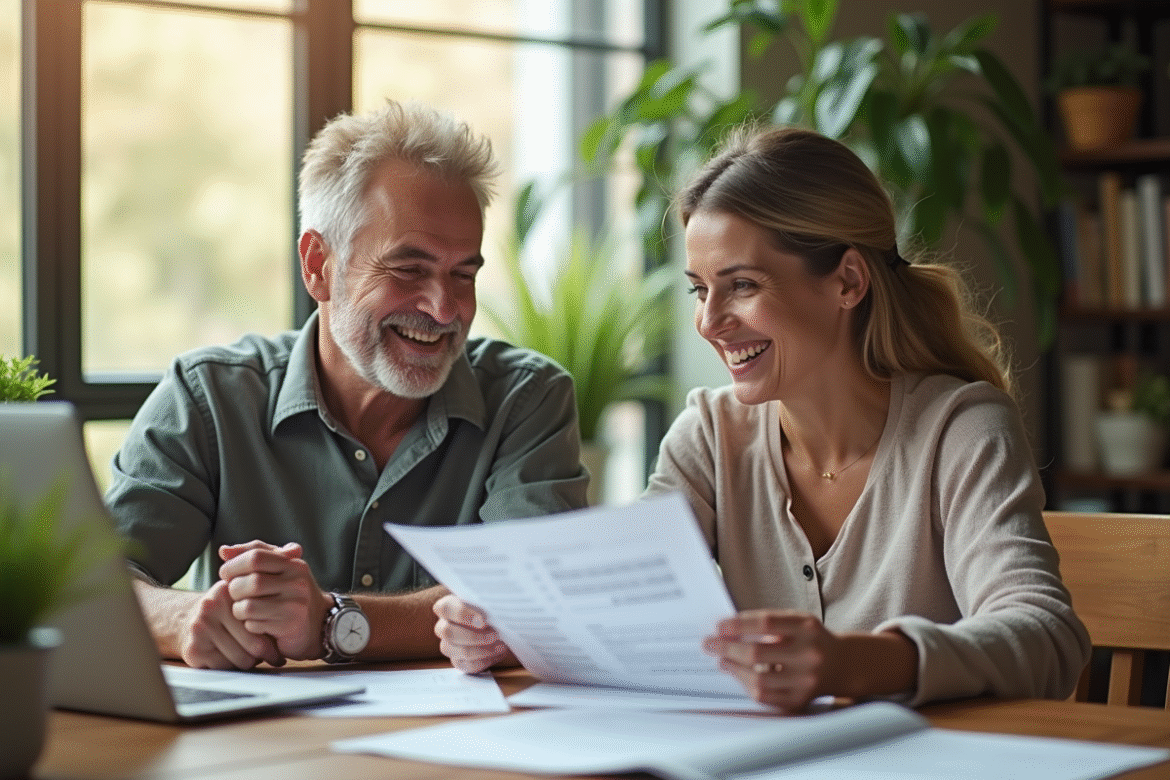 Couple d'adultes discutant de finances à la maison