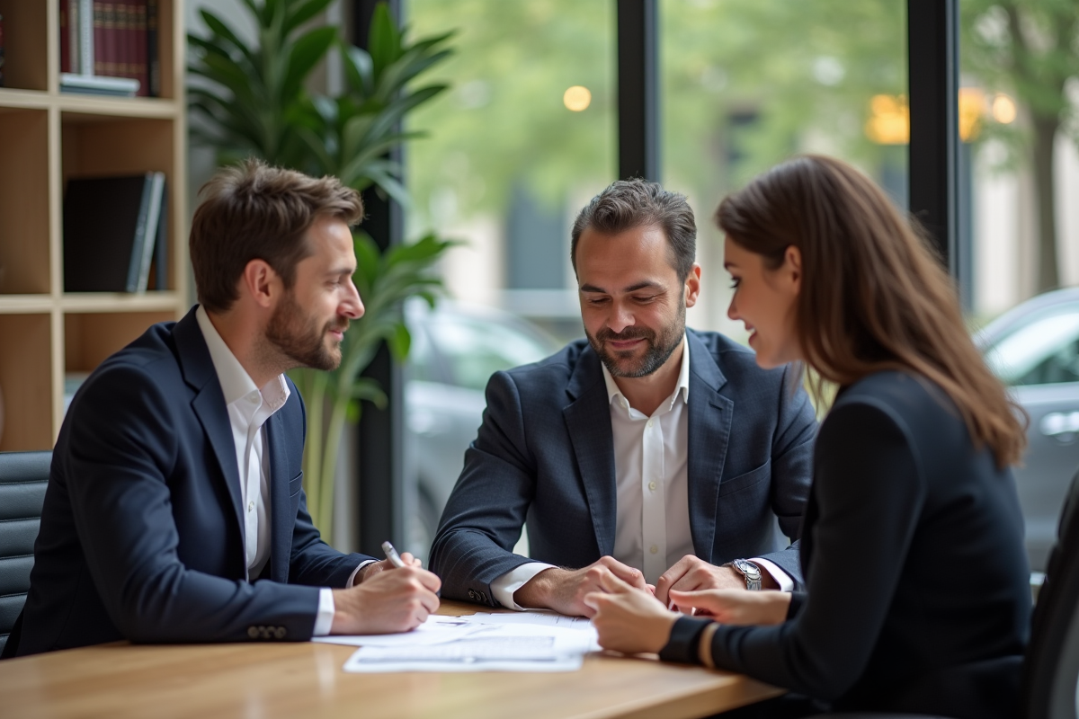 Couple en réunion avec notaire dans bureau moderne