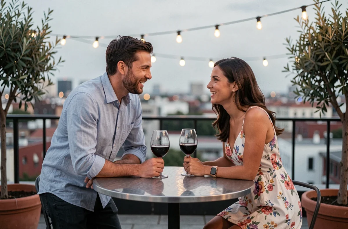Couple en plein premier rendez-vous romantique sur un rooftop bar avec vue sur la ville, issu d'une rencontre en ligne