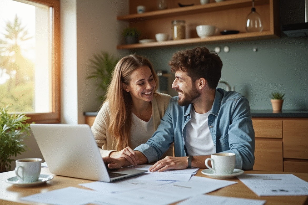 Jeune couple souriant recherchant un logement à la maison