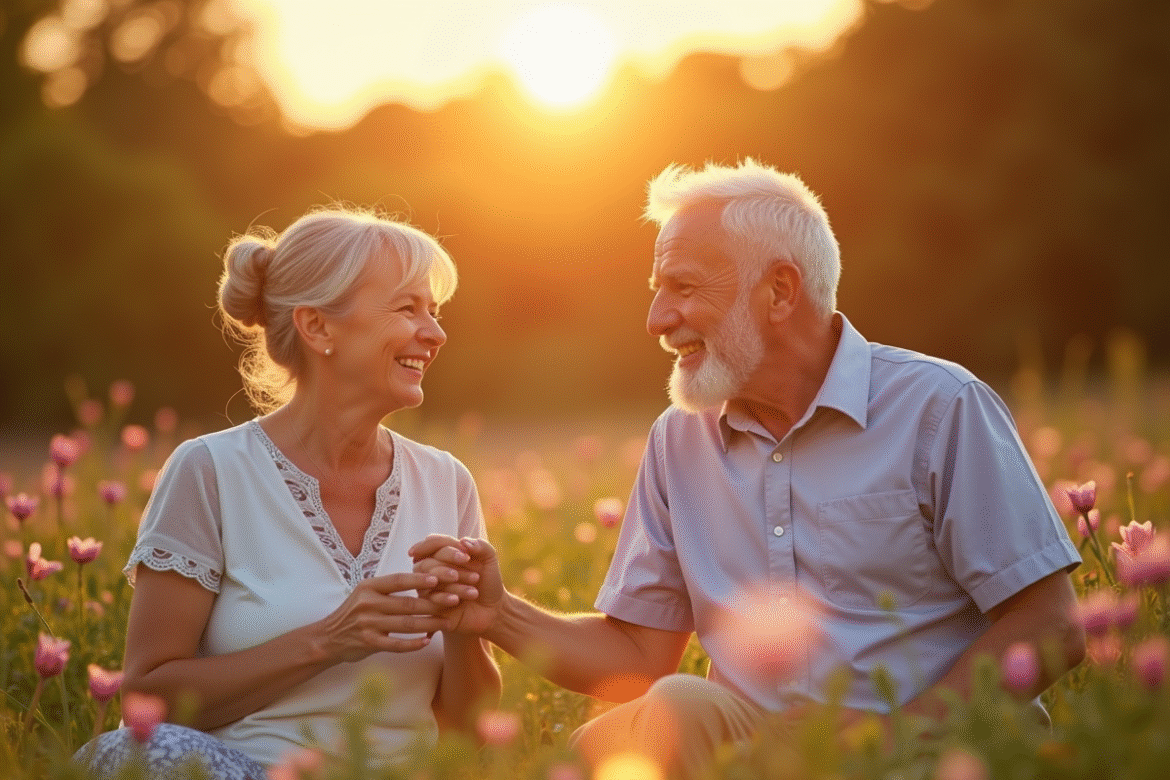 Couple mature riant lors d'un pique-nique dans un jardin en fleurs
