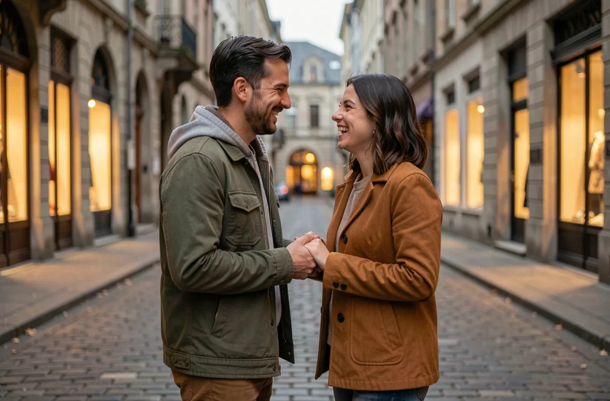 Couple complice dans une rue pavée au crépuscule, évoquant la compatibilité amoureuse et les connexions profondes liées aux heures miroirs