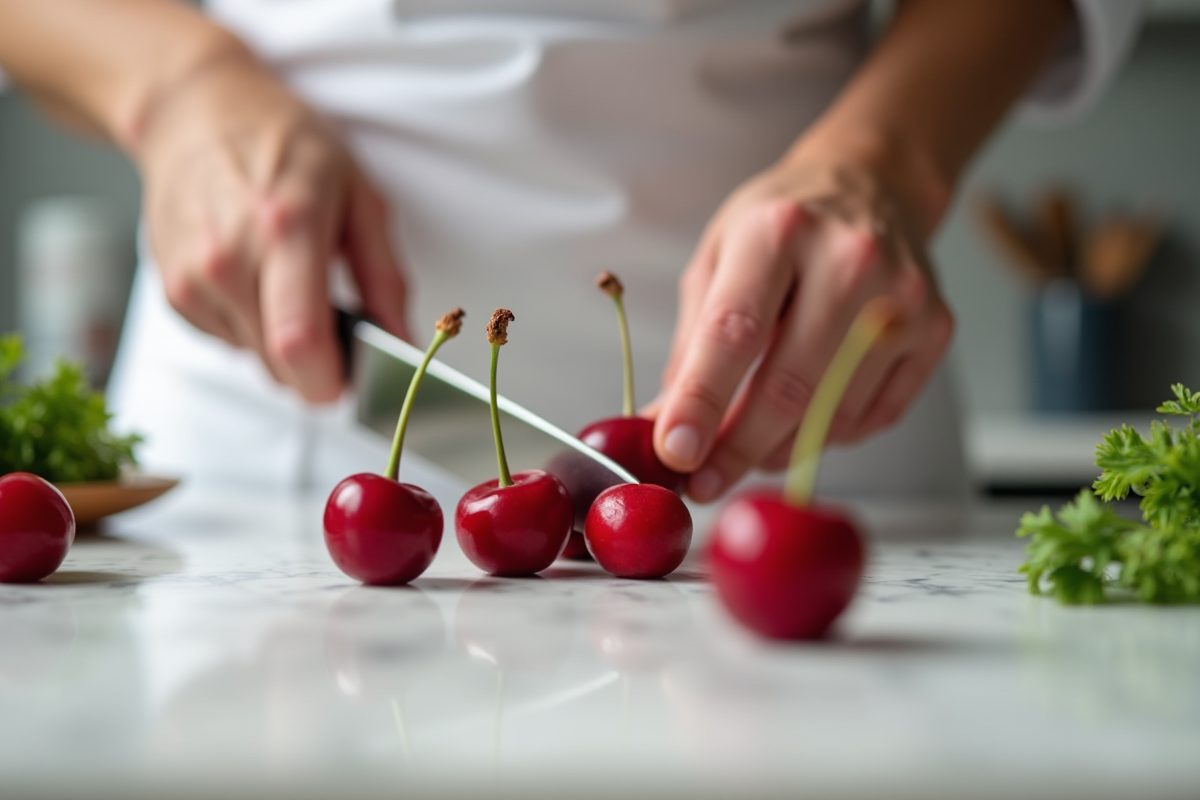 Mains d’un chef tranchant des cerises mûres sur marbre