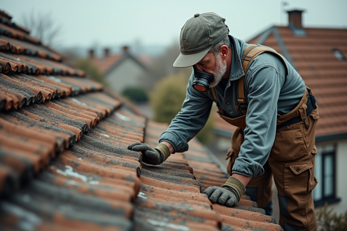 Ouvrier couvreur inspectant un vieux toit en amiante