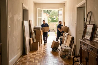 Deux professionnels du débarras transportant des cartons et des meubles dans un couloir d'immeuble de la Côte d'Azur