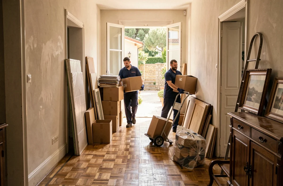 Deux professionnels du débarras transportant des cartons et des meubles dans un couloir d'immeuble de la Côte d'Azur