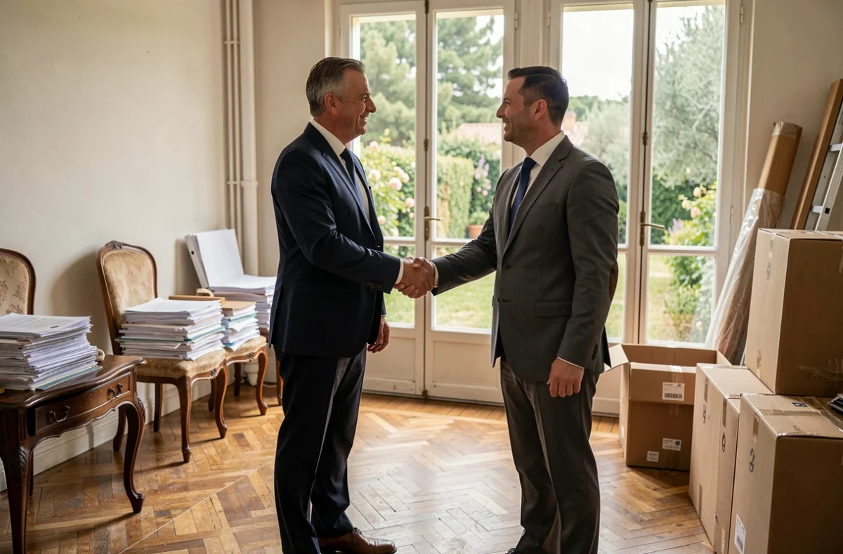 Un notaire et un prestataire Debarr.as se serrant la main dans un appartement vacant à débarrasser dans les Alpes-Maritimes