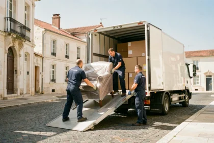 Équipe de déménageurs professionnels chargeant un camion dans une rue typique de La Rochelle