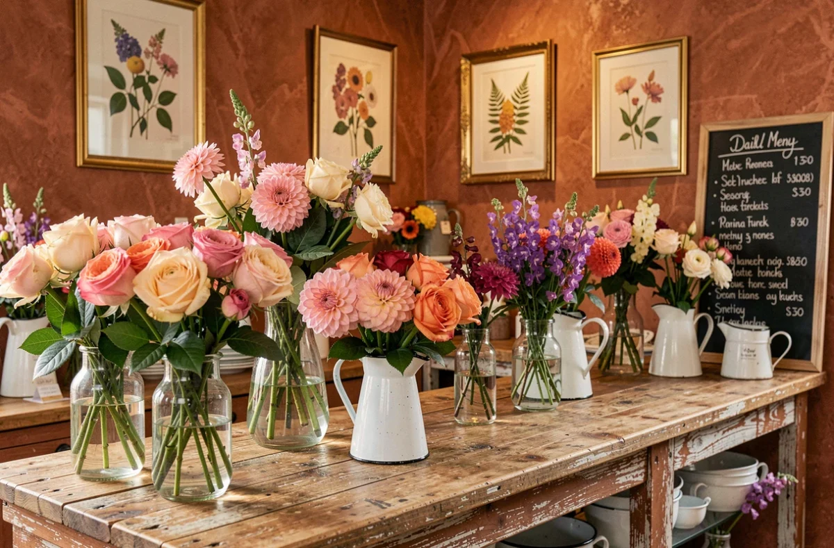 Intérieur chaleureux de Des Jours & Des Fleurs avec des bouquets de roses de jardin et dahlias dans des vases vintage sur un comptoir en bois