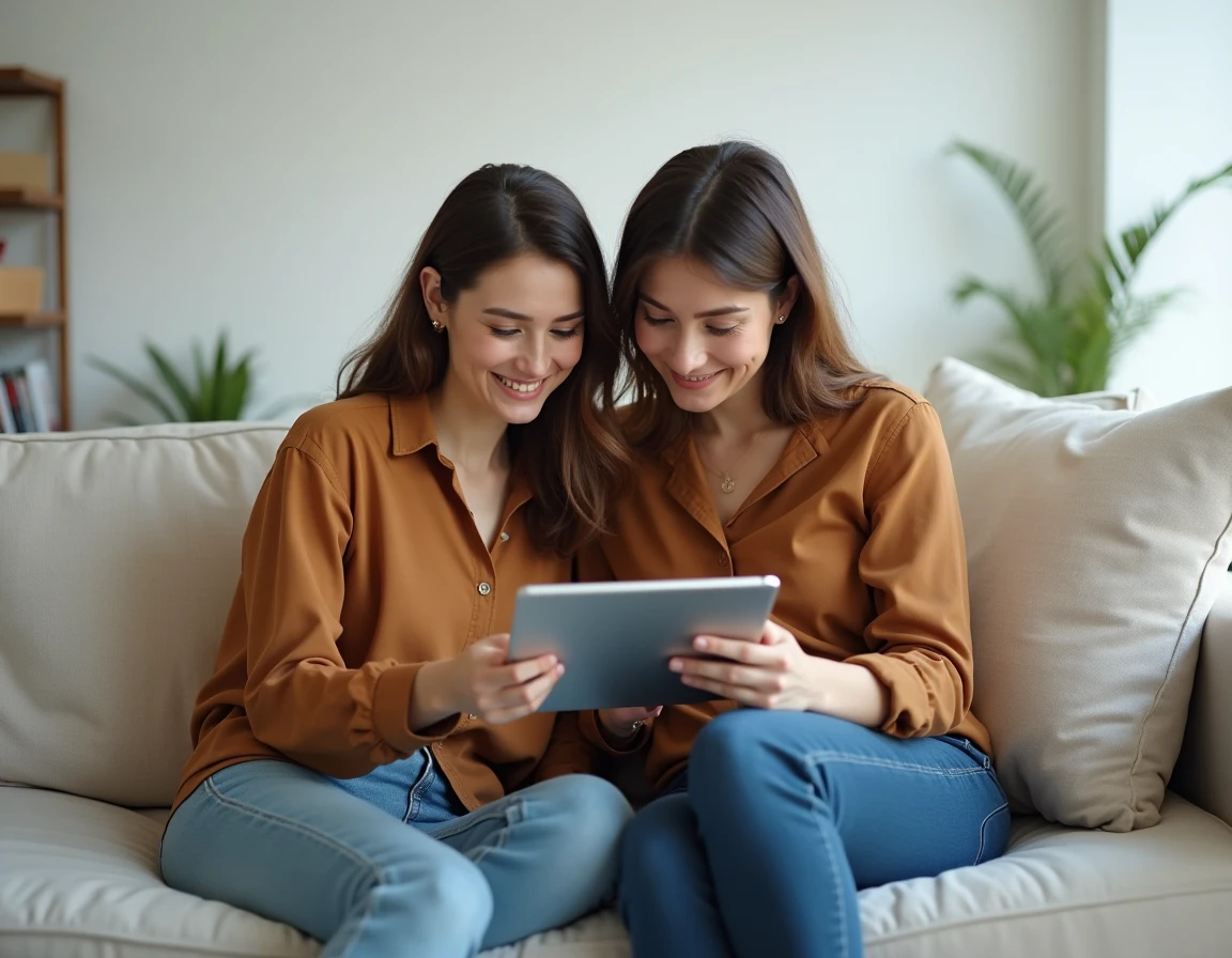 Deux femmes partageant du contenu d'un magazine en ligne sur une tablette dans un salon minimaliste