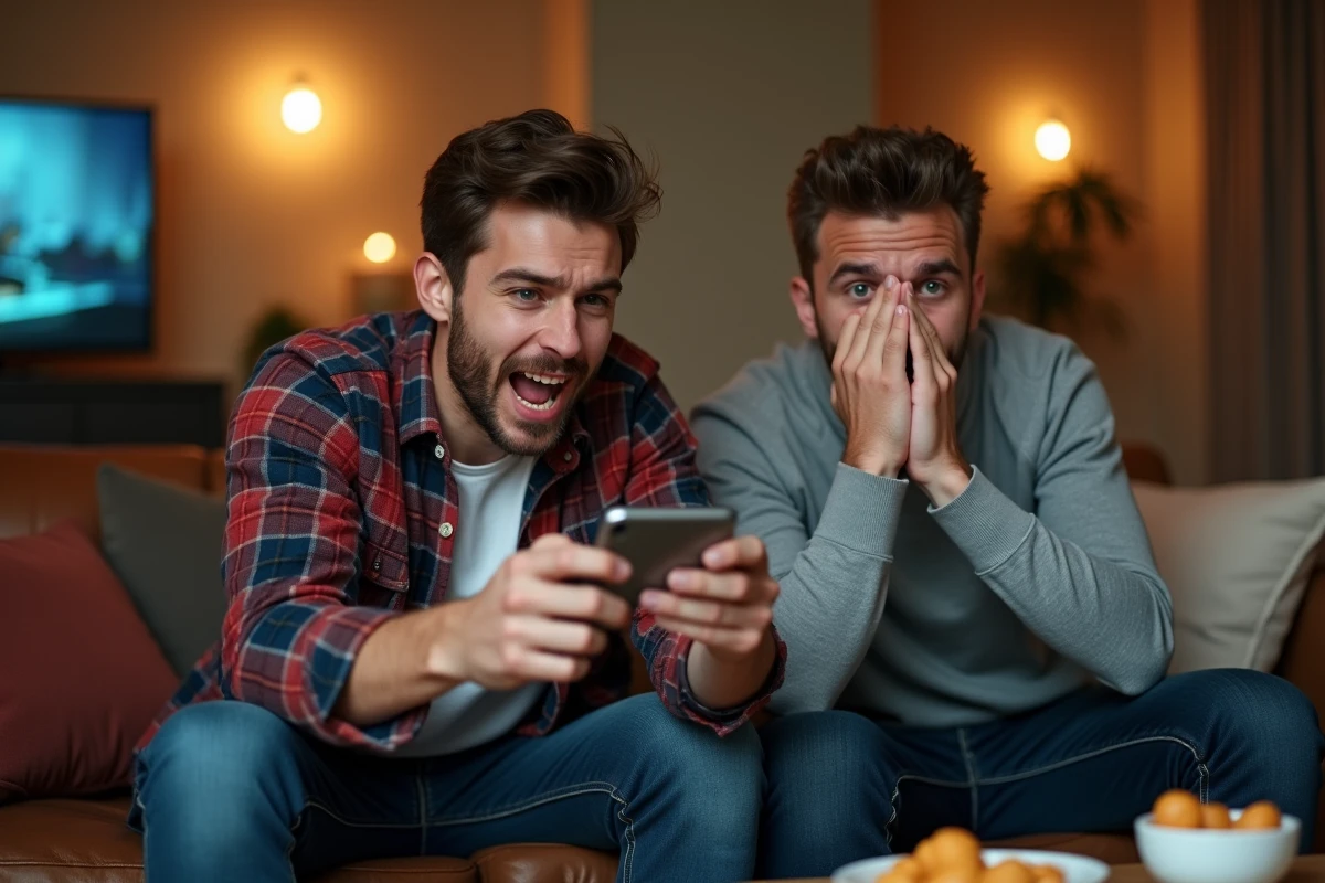 Deux amis réagissant avec humour pendant une partie de jeu de la bombe sur mobile dans un salon