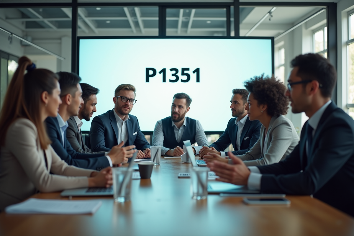 Groupe de professionnels en discussion dans un bureau moderne avec tableau blanc