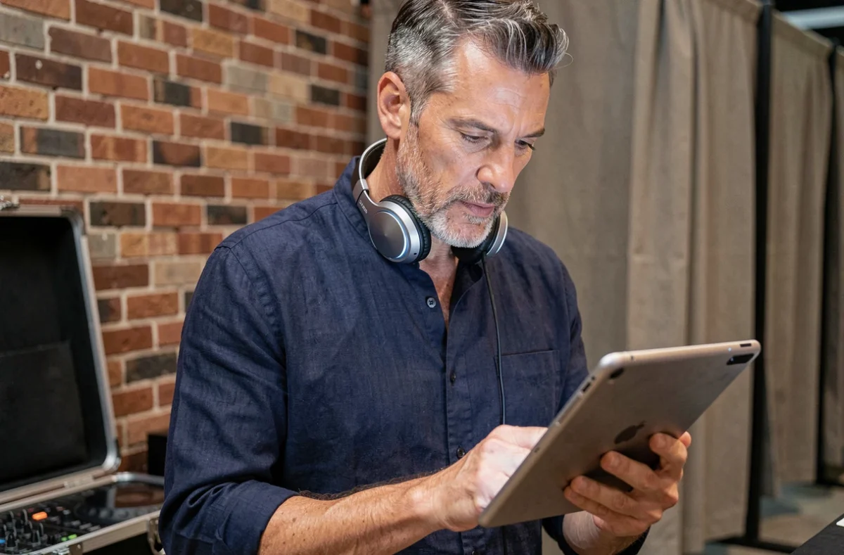 Portrait d'un DJ expérimenté consultant sa liste de morceaux en coulisses avant une soirée privée