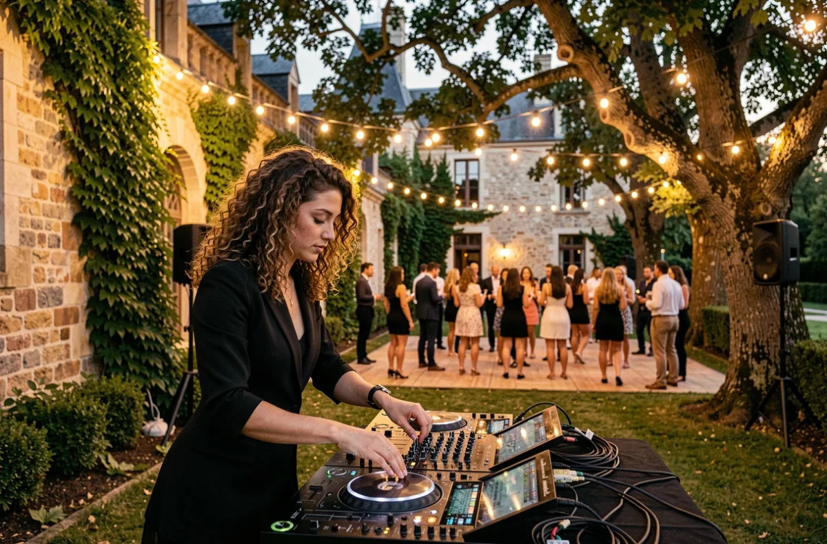 DJ femme en plein air lors d'une soirée estivale dans le jardin d'un château français