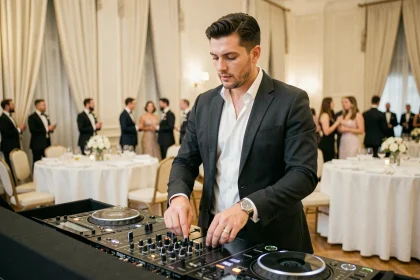 DJ professionnel derrière sa console lors d'une réception de mariage élégante en salle de bal