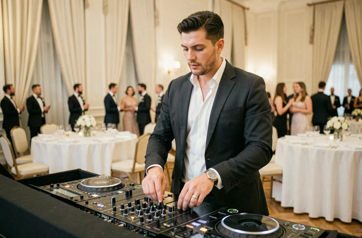 DJ professionnel derrière sa console lors d'une réception de mariage élégante en salle de bal