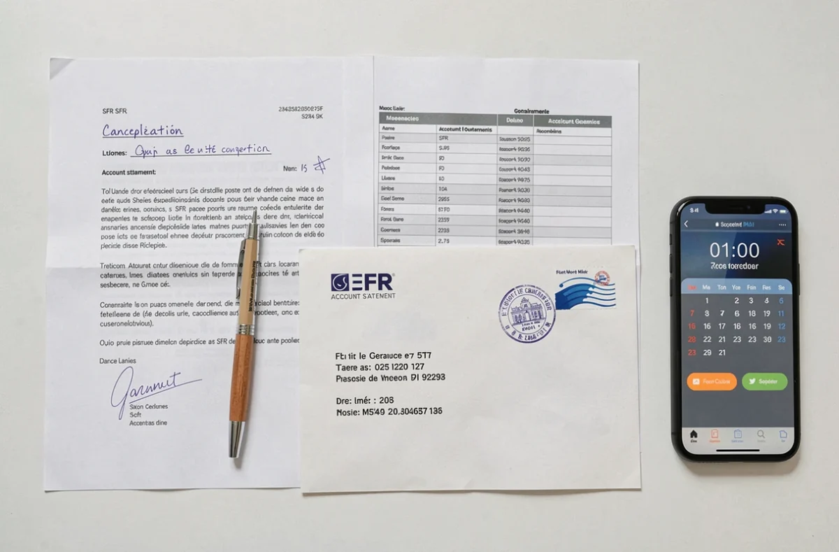 Vue aérienne des documents nécessaires pour résilier une box SFR : lettre, relevé de compte et enveloppe timbrée