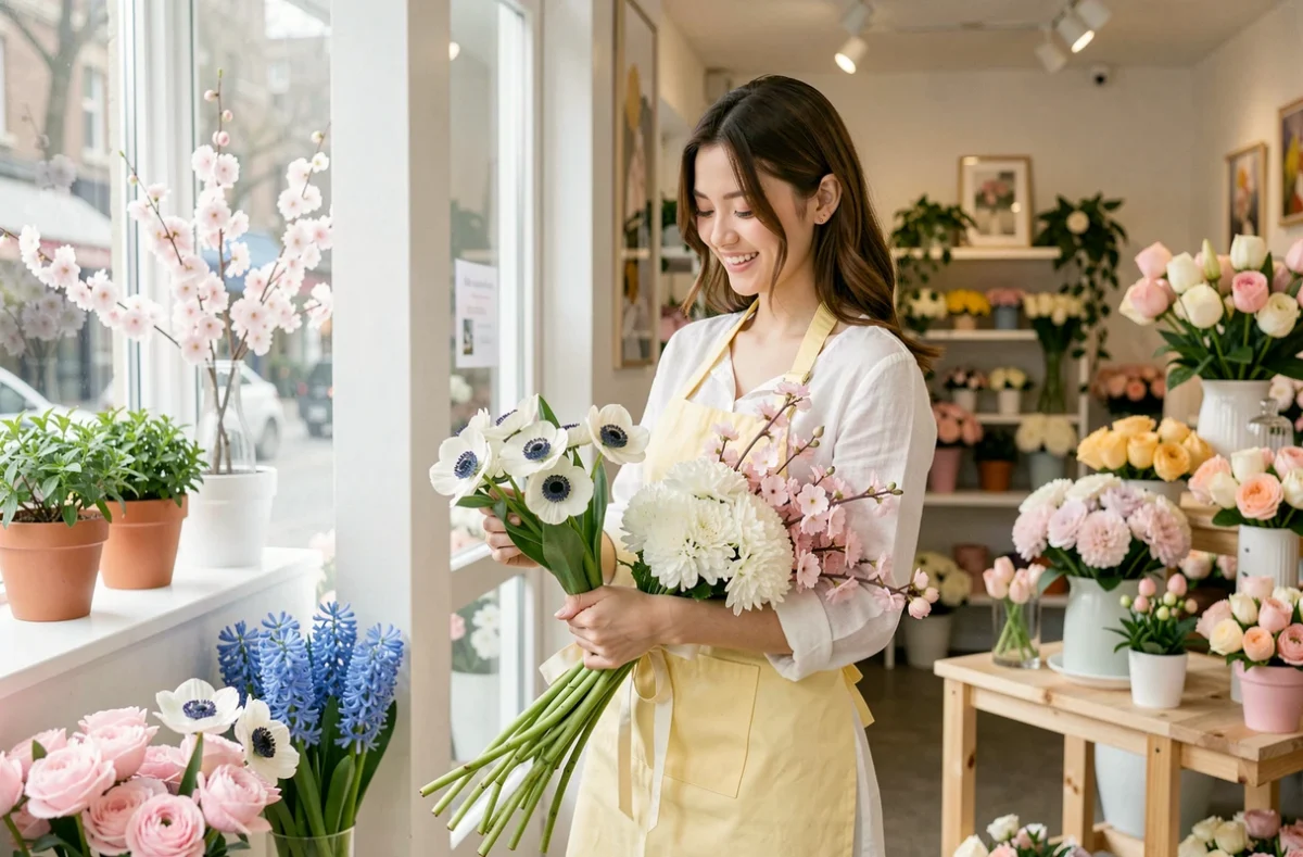 Fleuriste d'Éclosion Florale découvrant une livraison de fleurs printanières incluant anémones et fleurs de cerisier dans une boutique lumineuse