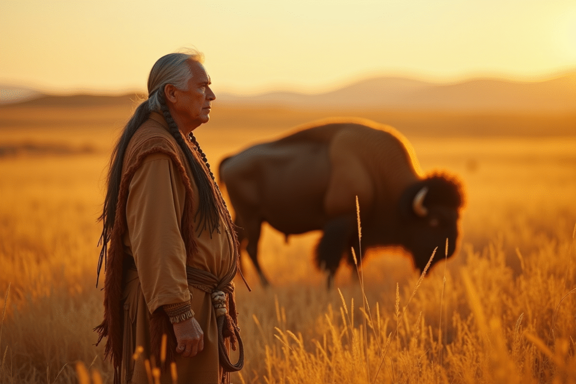 Aîné amérindien dans les prairies au lever du soleil