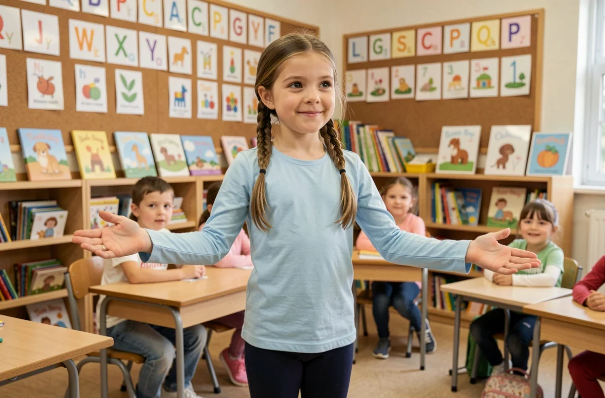 Jeune élève de CE1 récitant une poésie avec des gestes expressifs devant ses camarades dans une salle de classe colorée