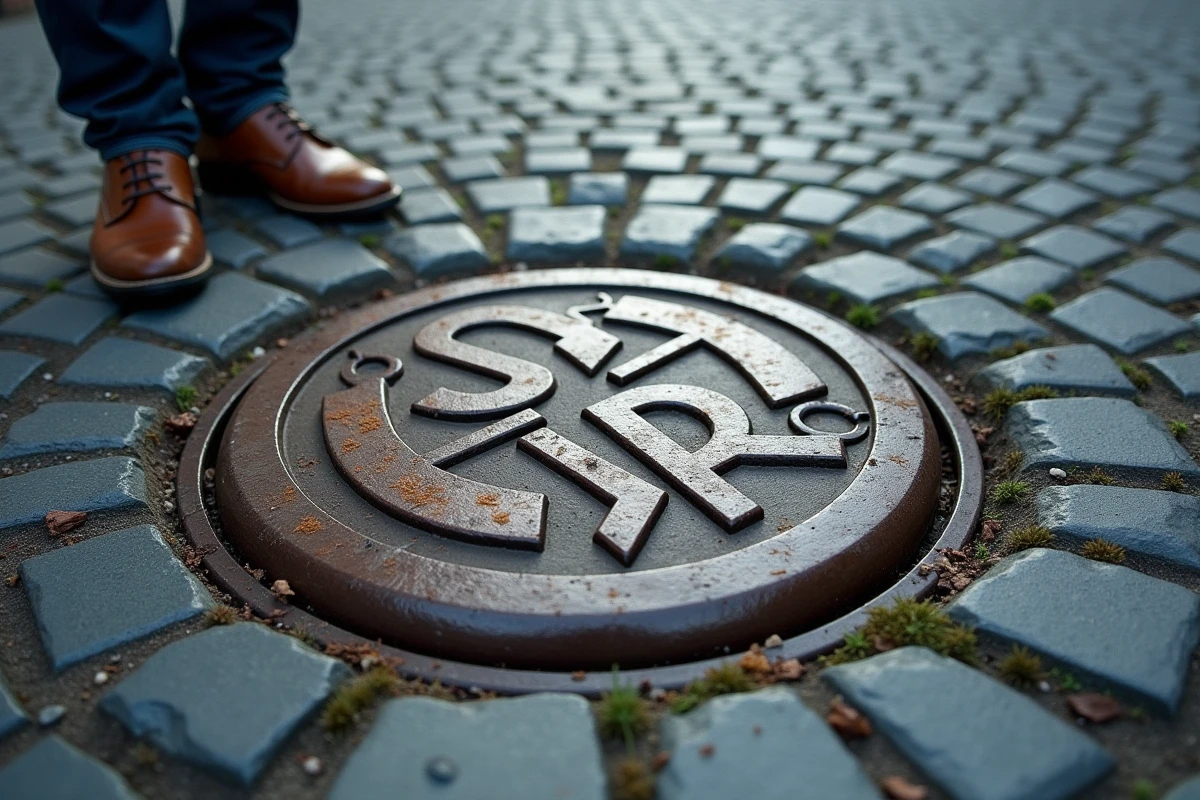 Emblème municipal SPQR contemporain sur un couvercle de regard en fonte encastré dans les pavés romains d'une rue urbaine