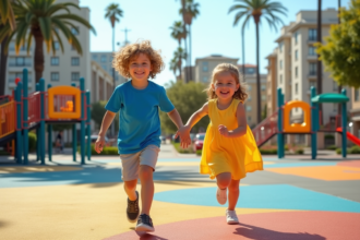 Deux enfants jouent dans un parc de Los Angeles en plein air