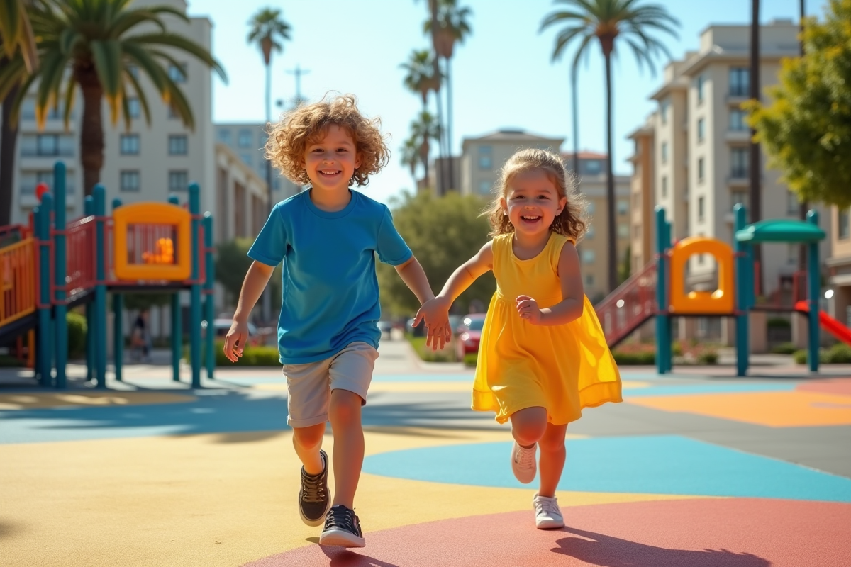 Deux enfants jouent dans un parc de Los Angeles en plein air