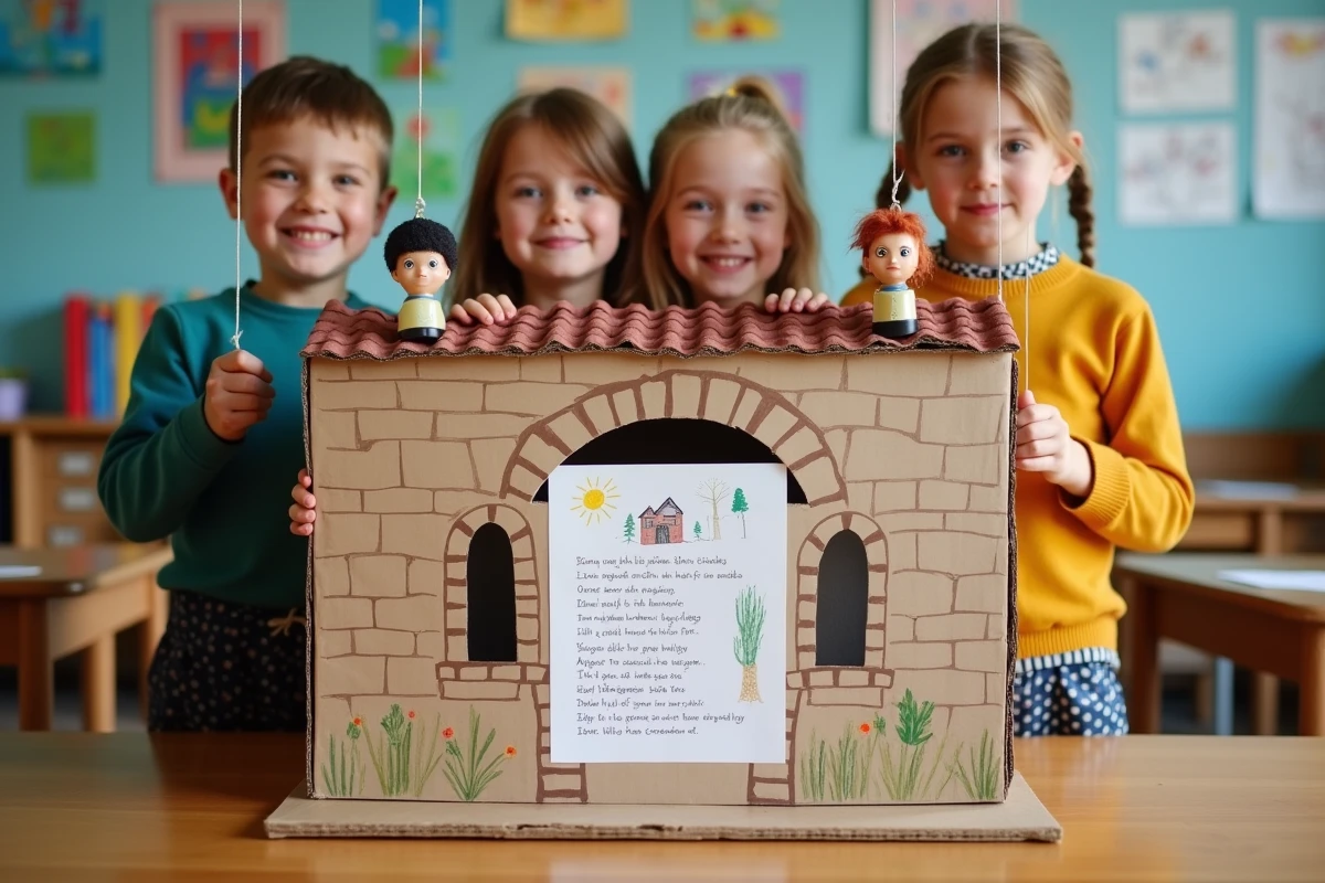 Enfants présentant un spectacle de marionnettes sur scène maison illustrant les paroles de La maison de ma tante en classe