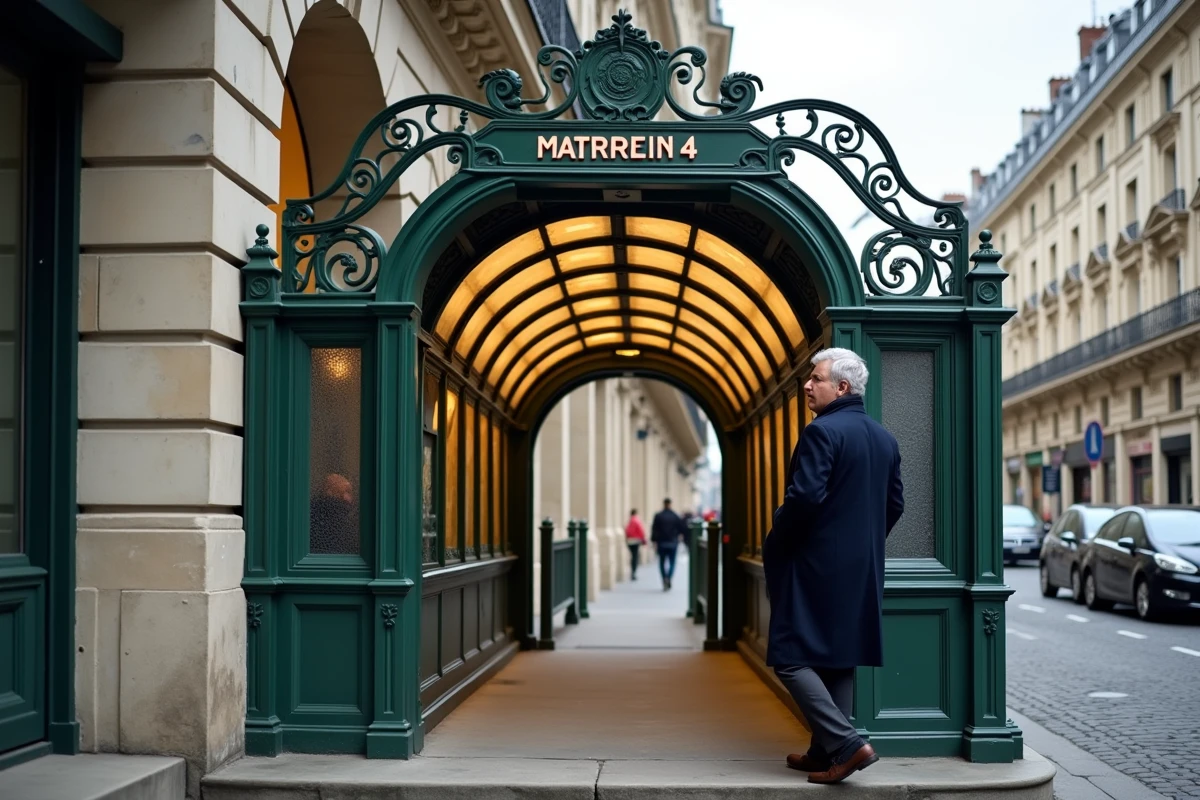 Entrée Art Nouveau de la station de métro parisienne ligne 4 avec marquise Guimard en fonte verte sur rue haussmannienne