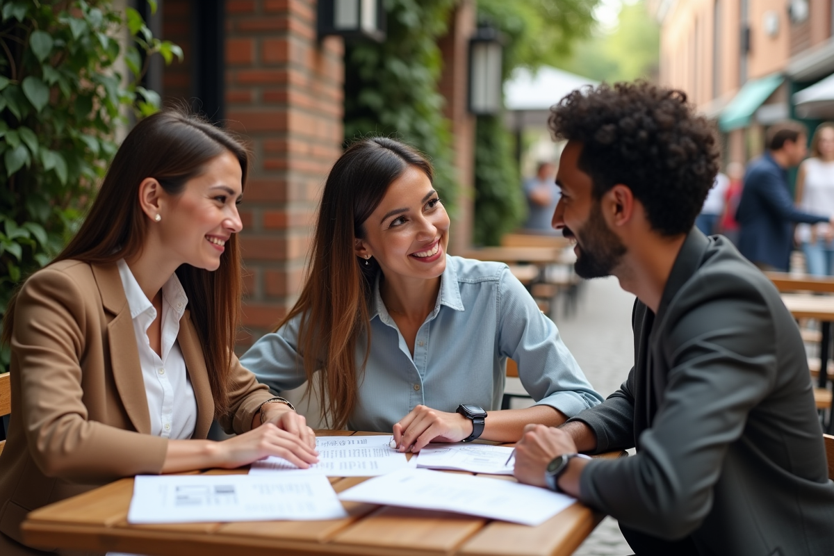 Trois entrepreneurs discutant autour d une table en terrasse
