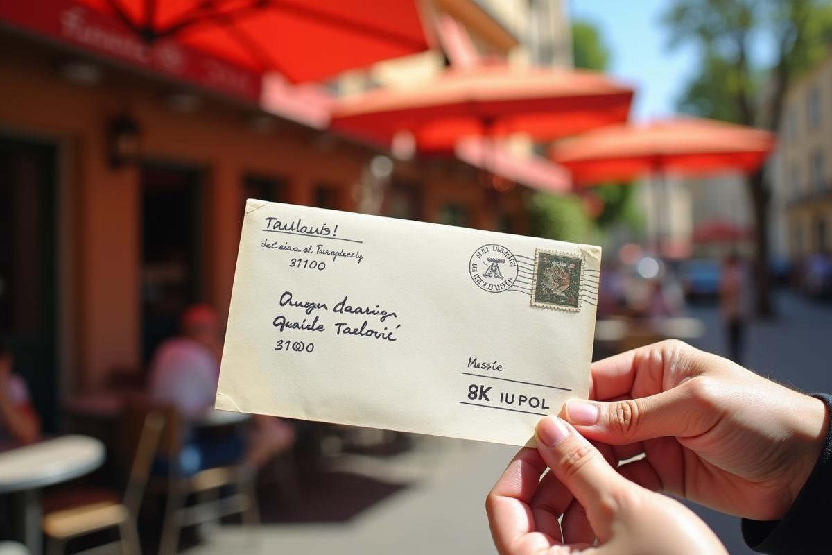 Enveloppe avec adresse toulousaine tenue en extérieur