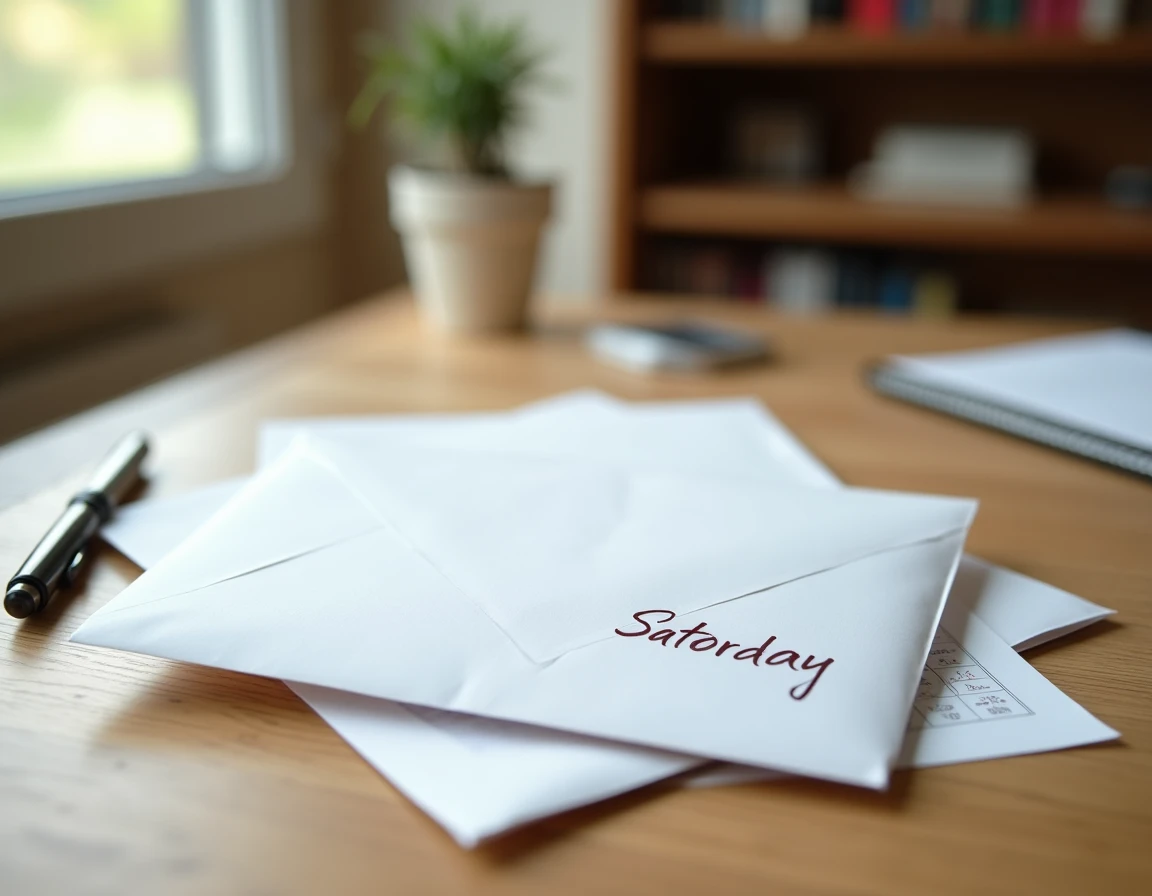 Enveloppe postale sur un bureau avec calendrier du samedi et bordereau de dépôt La Poste