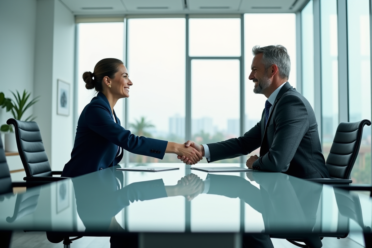 Deux professionnels d'affaires se serrant la main dans un bureau moderne