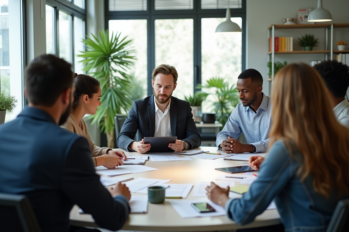 Equipe diversifiee en reunion dans un bureau lumineux