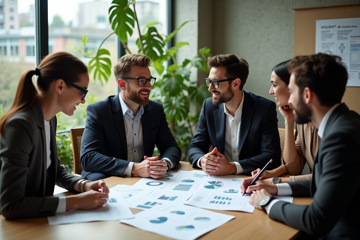 Groupe de professionnels en réunion dans un bureau écologique