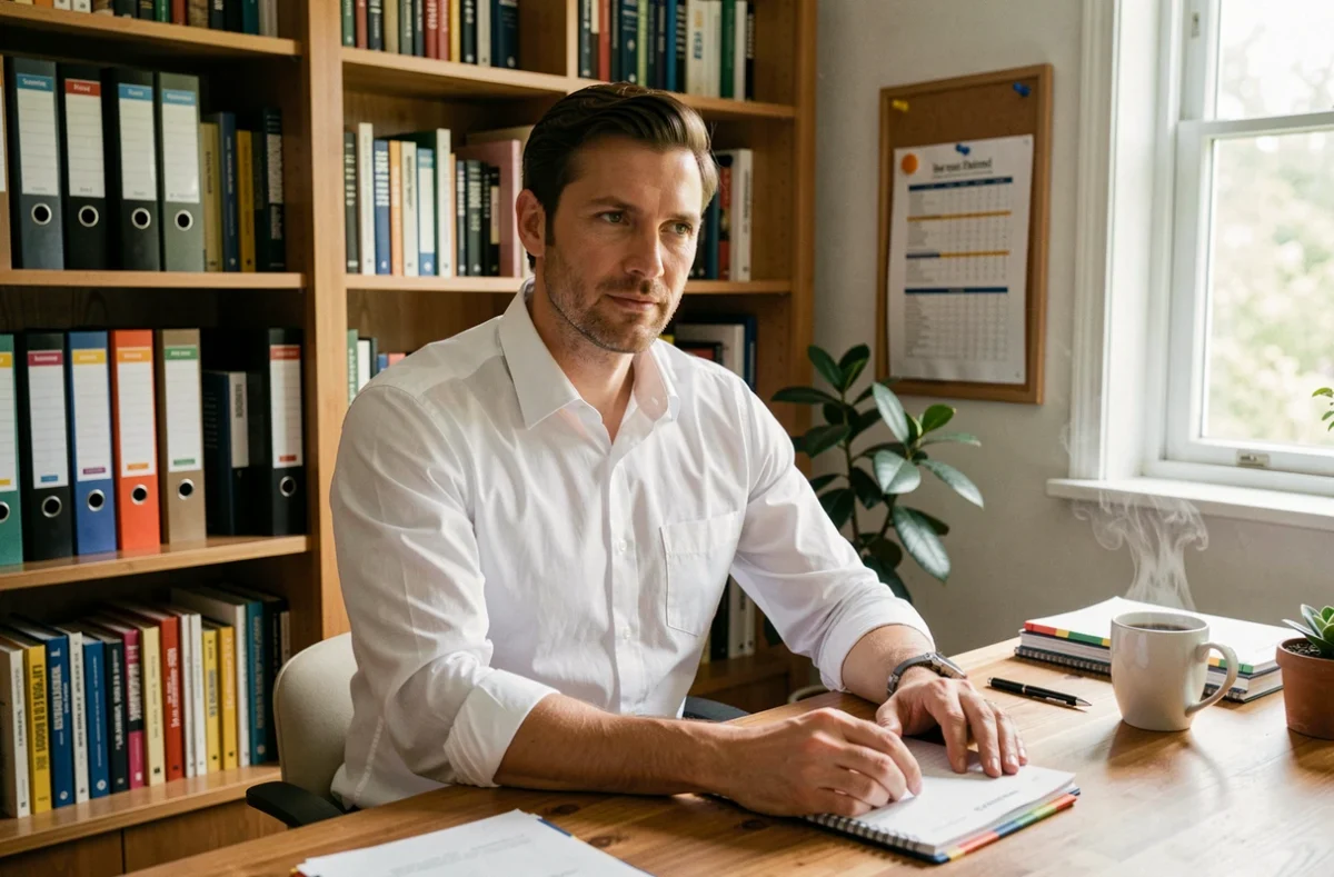 Homme avec personnalité ESTJ travaillant de manière organisée dans un bureau à domicile structuré et méthodique