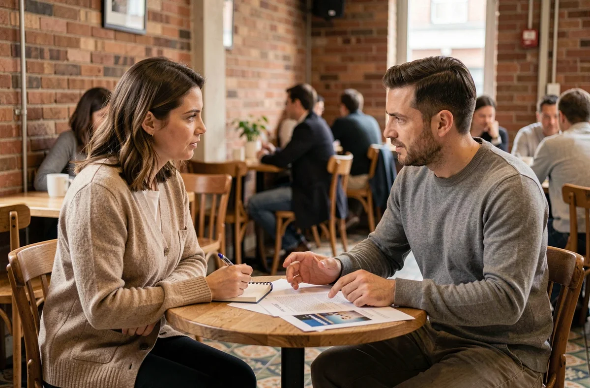 Deux personnes avec un profil ESTJ ayant une conversation directe et structurée autour d'un document dans un café urbain