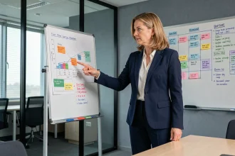 Femme ESTJ en réunion professionnelle dirigeant une équipe avec autorité et organisation dans une salle de conférence moderne