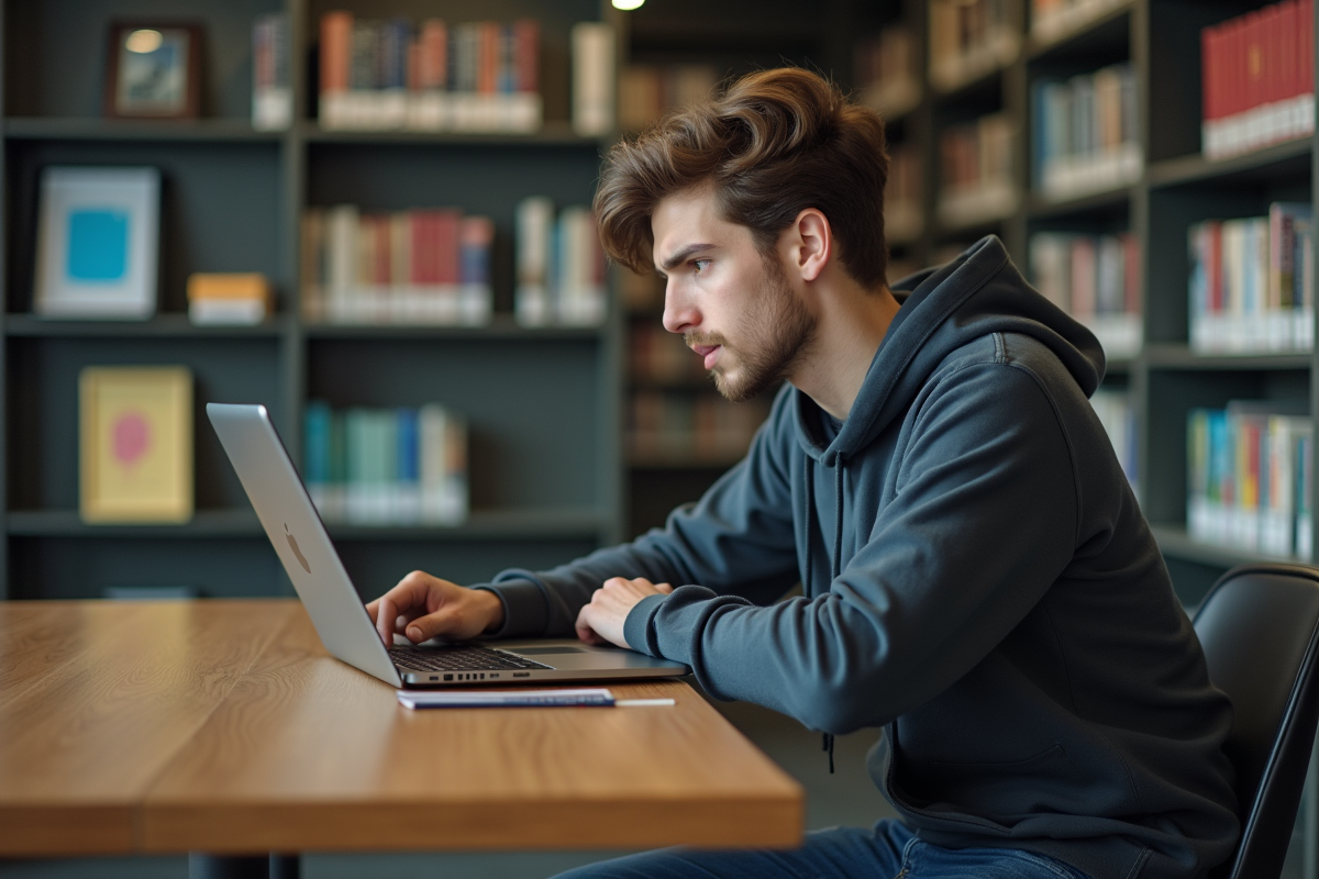 Etudiant universitaire concentré sur son ordinateur à la bibliothèque