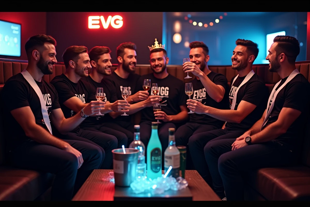 Enterrement de vie de garçon dans un club VIP avec booth privatif et bouteilles de fête