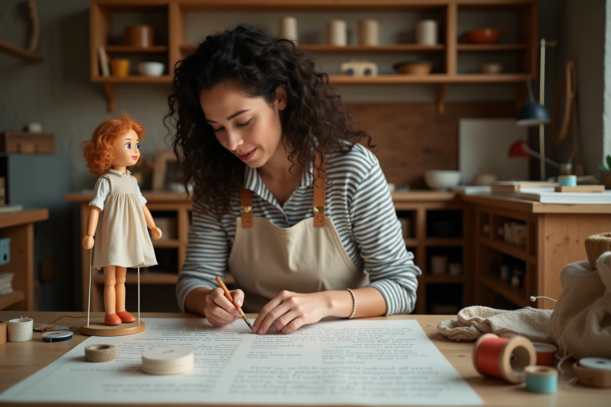 Artisane créant une marionnette pour une mise en scène des paroles de La maison de ma tante dans un atelier de fabrication