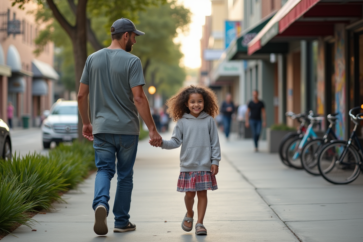 Famille se promenant dans une rue urbaine avec murals colorés