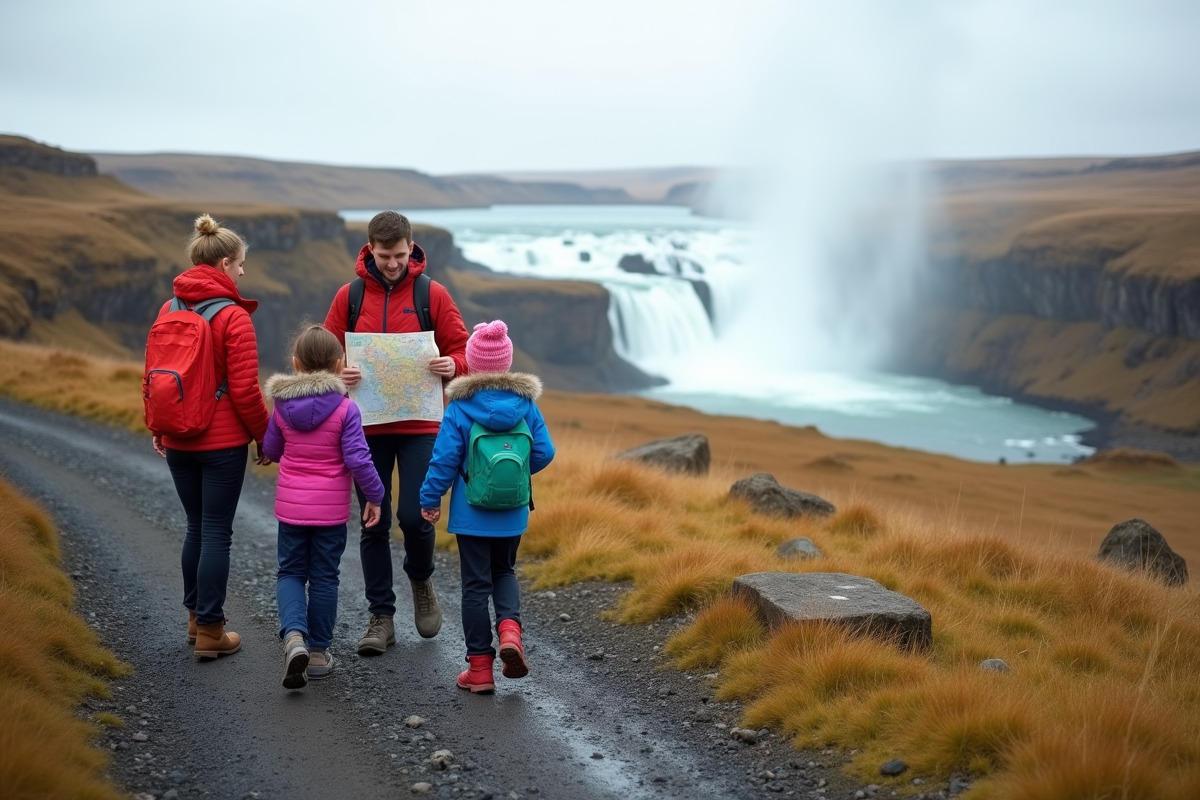 Famille avec carte près de Gullfoss en Islande