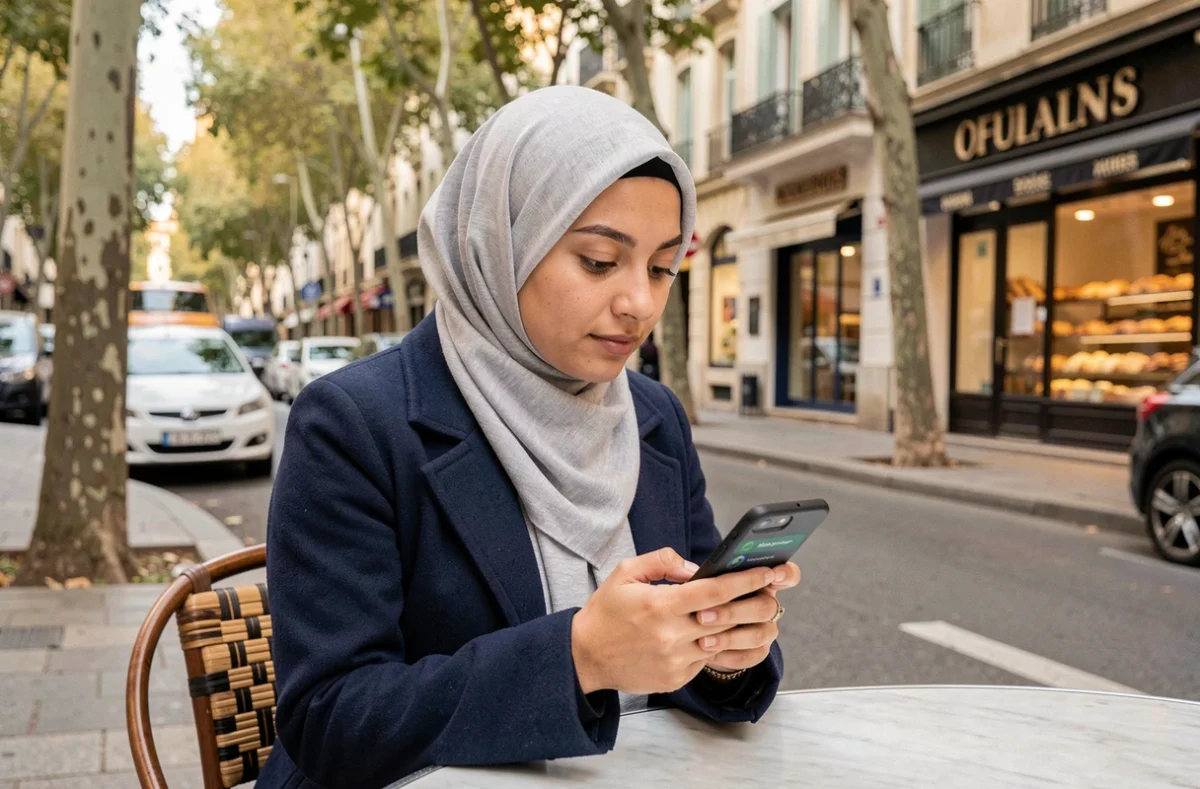 Jeune femme consultant les horaires de prière sur smartphone dans un café de Marseille 13015