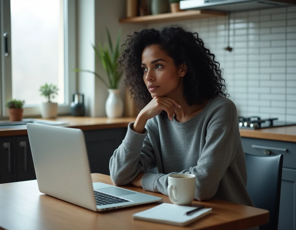 Une femme lisant des avis en ligne sur des voyants depuis son ordinateur portable dans sa cuisine