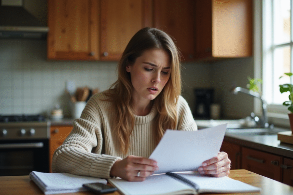 Jeune femme regarde ses factures dans la cuisine