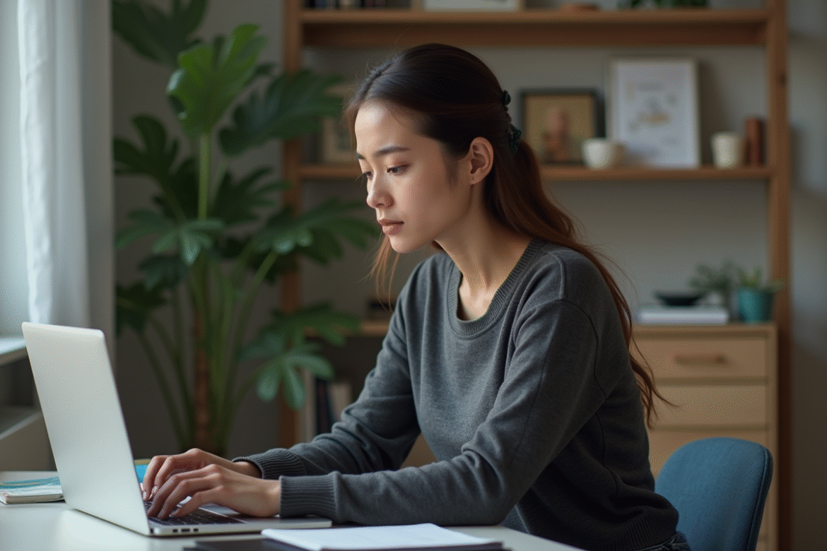 Jeune femme au bureau regardant son ordinateur avec inquiétude